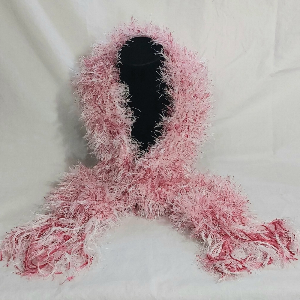 Handmade Knitted Textured Red And White Fuzzy Scarf